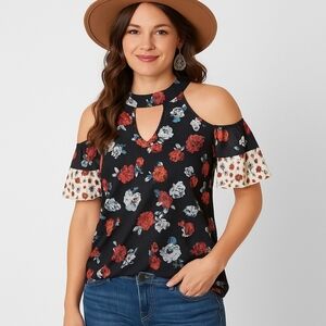 Daytrip Floral Cold Shoulder Keyhole Blouse Black Red White Boho Top L